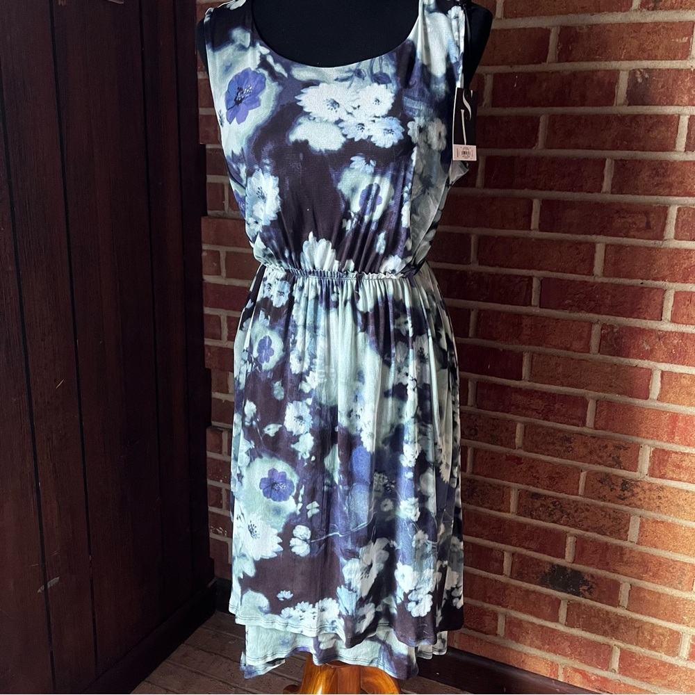 Simply Vera Vera Wang Sleeveless High Low Dress Blue and Black Floral Size L NWT